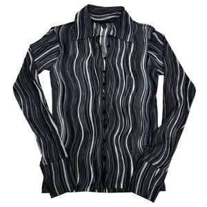 WESTON WEAR Women's L Black White Wavy Striped Mesh Long Sleeve Button Up Shirt